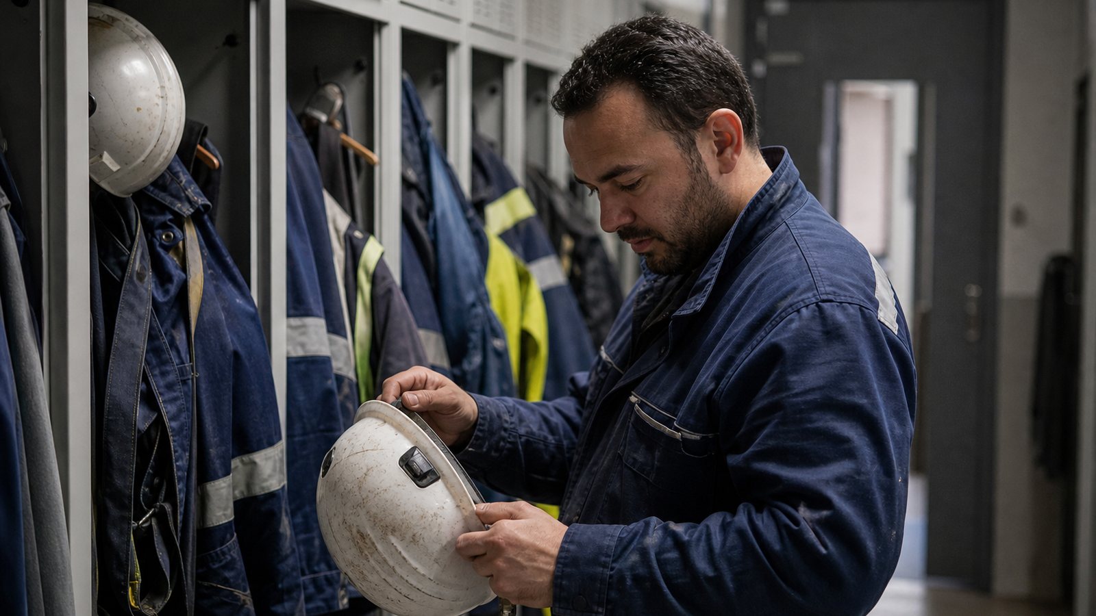 Harnais de sécurité suspendus et casques rangés dans un vestiaire d'entreprise